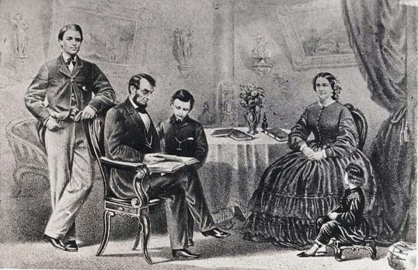 Postcard with portrait of Lincoln and family Postcard with portrait of Lincoln and family